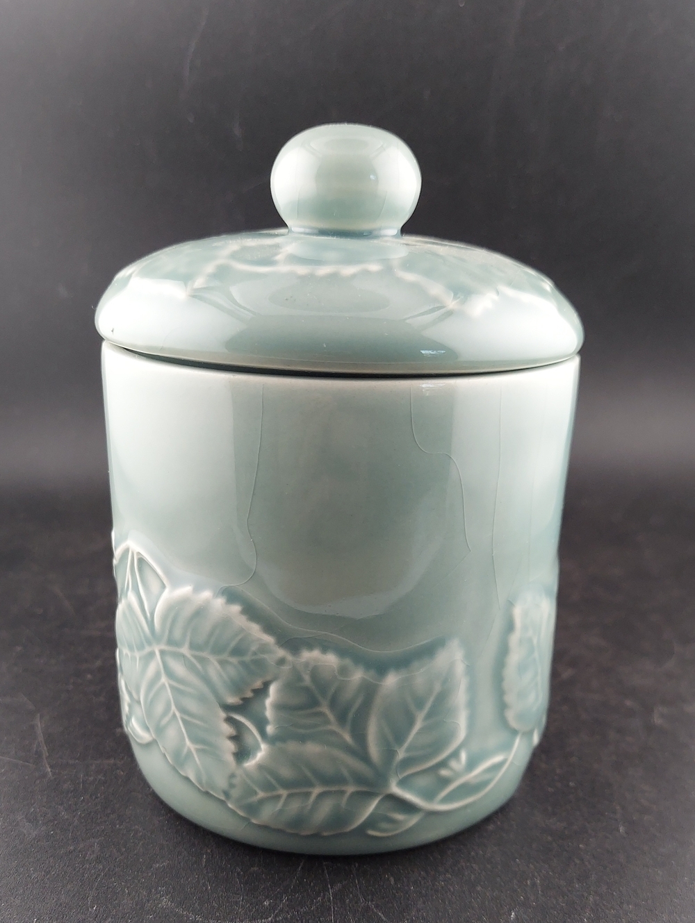 Pier 1 Celadon Green Ceramic Lidded Canister